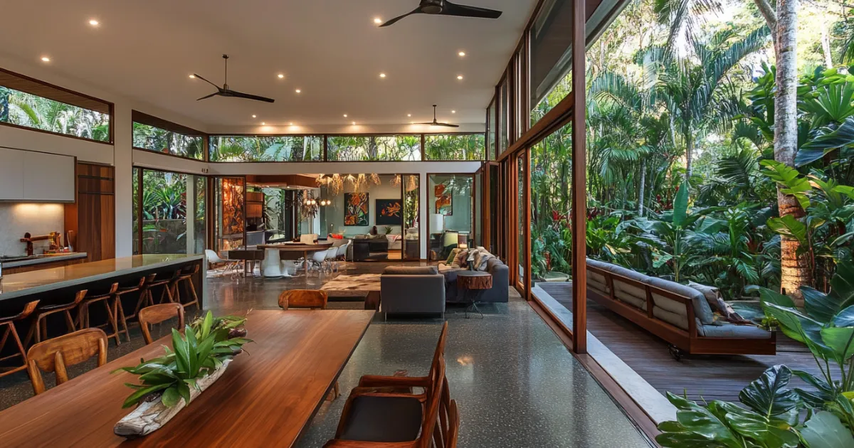 A seamless indoor-to-outdoor transition in a custom Cairns home, with sliding glass doors opening up to a spacious deck surrounded by tropical plants. The living area has high ceilings, modern furnishings, and natural light flooding the room.