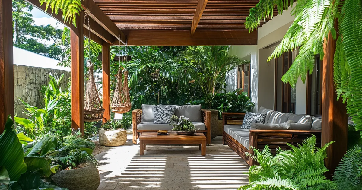 Open-Sided Pergola with Tropical Greenery: A pergola-covered patio in Cairns with an open-sided design, allowing natural airflow while providing shade. The patio features outdoor seating, hanging plants, and tropical ferns to create a breezy, relaxing environment.