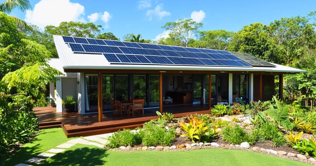 A Cairns custom-built home showcasing solar panels on the roof, rainwater harvesting systems, large windows for natural light, and shaded outdoor areas. The image should emphasize sustainable materials and an eco-friendly tropical lifestyle.