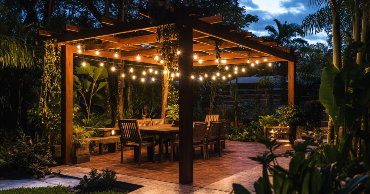 Evening Patio with String Lights and Solar-Powered Lighting: A tropical patio in Cairns illuminated for evening use with string lights hanging from the pergola, solar-powered garden lights, and LED downlights for the dining area. The ambiance is warm and inviting, perfect for nighttime gatherings.