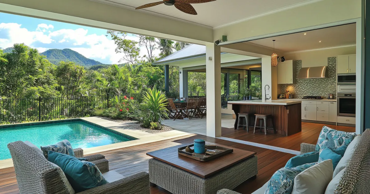 A spacious covered patio or deck in a Cairns custom home, complete with a pool, comfortable seating, and tropical landscaping. This area is designed for entertaining, with an outdoor kitchen and plenty of shade to protect from the sun.