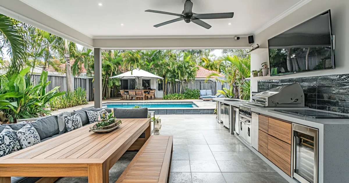 Multi-Purpose Patio with Outdoor Kitchen and Storage Benches: A functional patio in Cairns with an outdoor kitchen for entertaining, storage benches that double as seating, and modular furniture for flexible use. The design focuses on maximizing space while blending style and practicality.