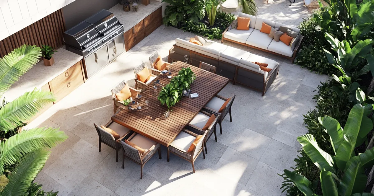 Cosy Outdoor Living Space Layout: A Cairns patio layout with distinct areas for dining, lounging, and a BBQ zone. The design includes a large outdoor dining table, comfortable lounge chairs, and potted tropical plants to enhance the flow between indoor and outdoor living spaces.