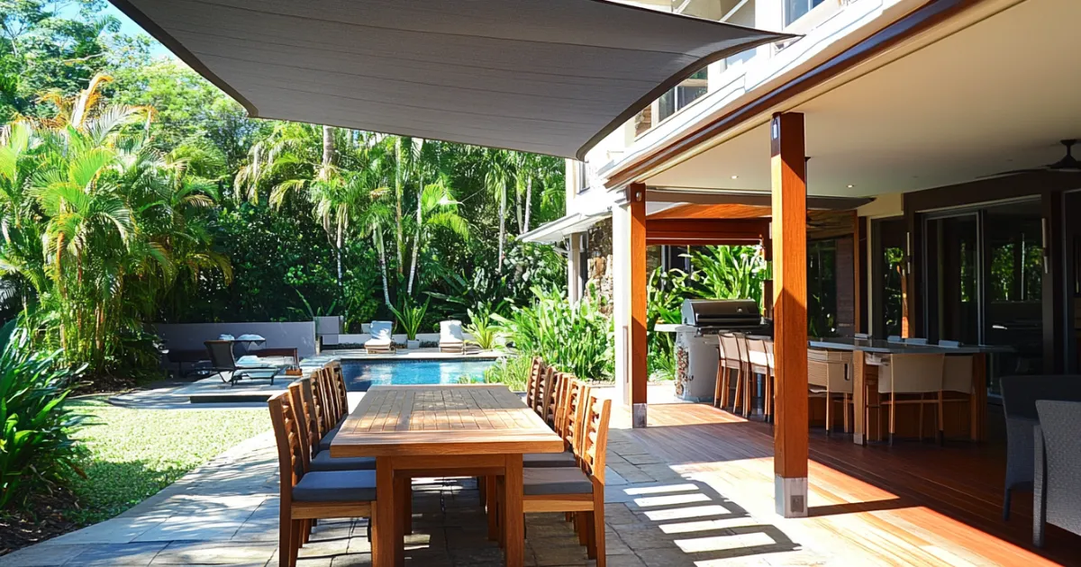 Shading Solutions with Pergolas and Shade Sails: A large Cairns patio with multiple shading solutions, including a stylish pergola and flexible shade sails. The design showcases how these features provide protection from the sun while maintaining a tropical, modern aesthetic.