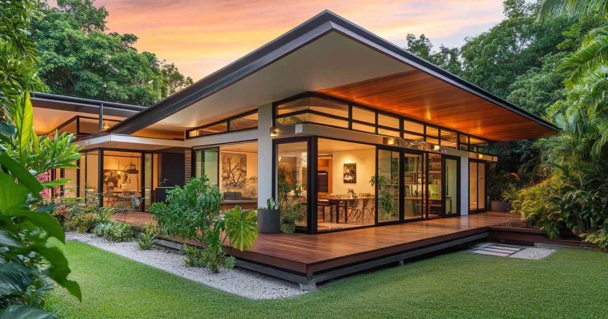 A stunning modern tropical home in Cairns with open spaces, large windows, and shaded outdoor living areas. The home features a blend of indoor and outdoor spaces, with lush tropical greenery surrounding the house and a beautiful sunset in the background.